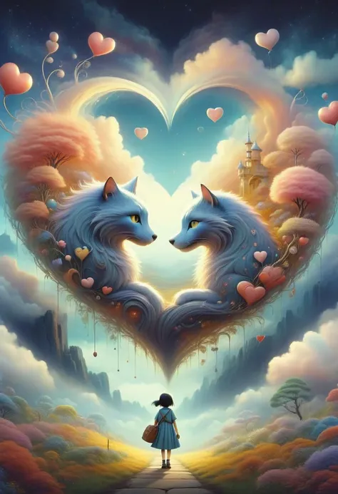 a girl and two cats are standing in front of a heart shaped cloud