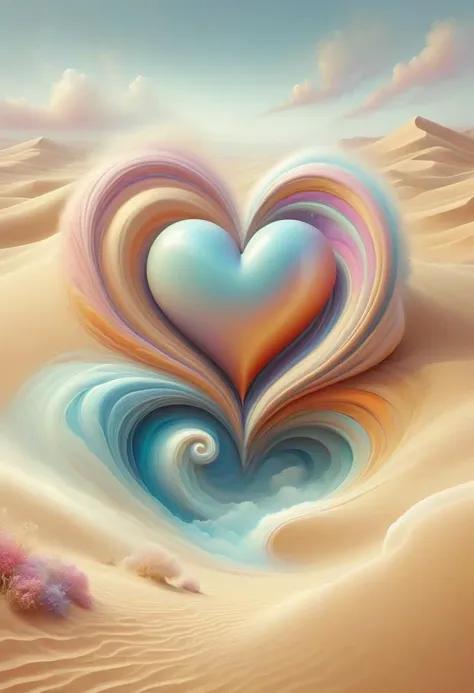 a painting of a heart shaped object in the middle of a desert