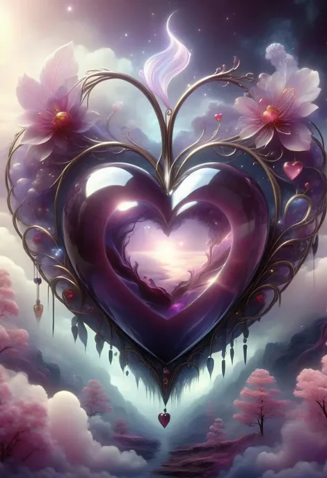 a heart shaped painting with a waterfall and flowers in the background