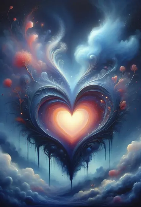 a painting of a heart shaped cloud with a sky background