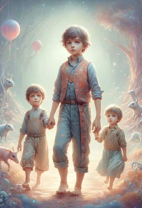 a painting of a boy and two small children walking through a forest