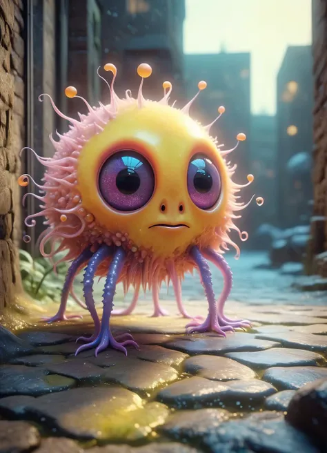 a close up of a small yellow and purple creature on a street