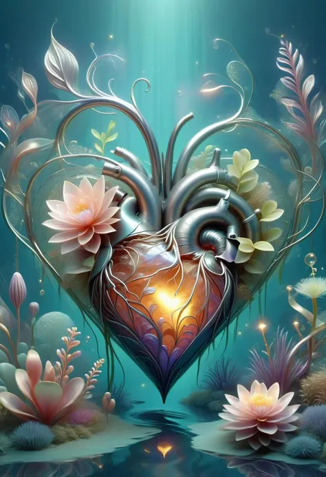 a heart shaped painting with flowers and water lils in the background