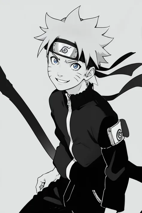 1boy, naruto (series), uzumaki naruto, short hair, spiked hair, smile, facing viewer, 2d, flat, lineart, greyscale,  jumpsuit, <lora:Naruto:0.8> <lora:more_details:-0.3>
BREAK simple background,