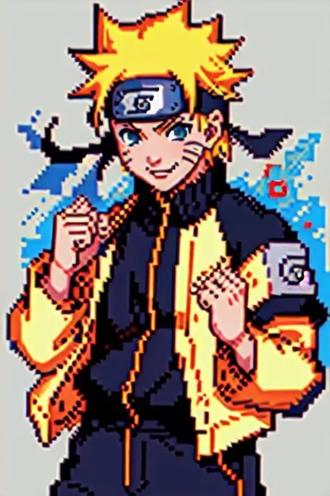 1boy, naruto (series), uzumaki naruto, short hair, spiked hair, smile, facing viewer, 2d, flat, (pixel art:1.4),  jumpsuit, <lora:Naruto:0.8> <lora:more_details:-0.3>  
BREAK simple background,  <lora:pixel:0.3>