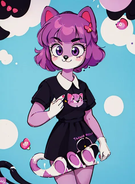 a close up of a cartoon cat with a dress and a cat tail