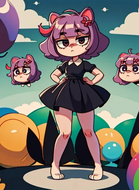 a close up of a cartoon girl standing in front of balloons