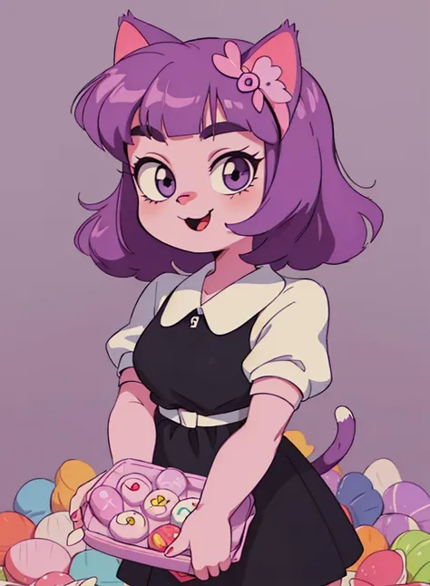 a close up of a cartoon girl holding a tray of food