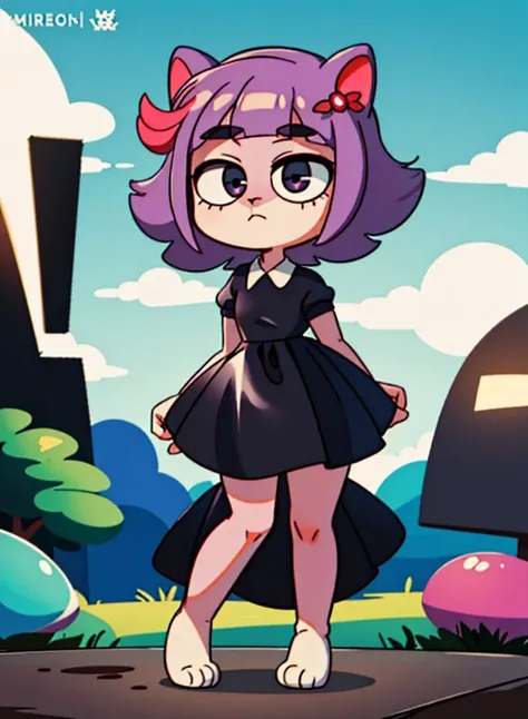 a cartoon girl in a black dress standing in front of a building