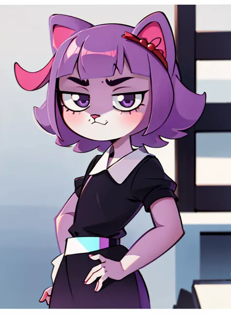 cartoon girl with purple hair and a black dress with a bow