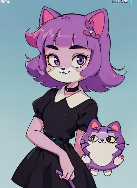 a close up of a cartoon cat with a dress and a cat