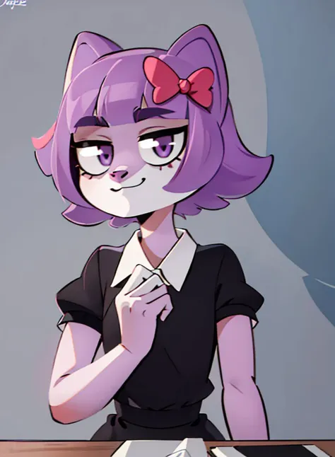 a close up of a cartoon girl with a purple hair