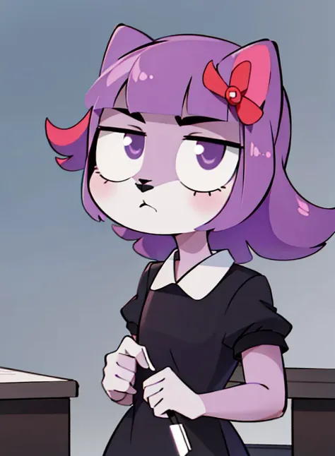 cartoon girl with purple hair and a red bow in a black dress