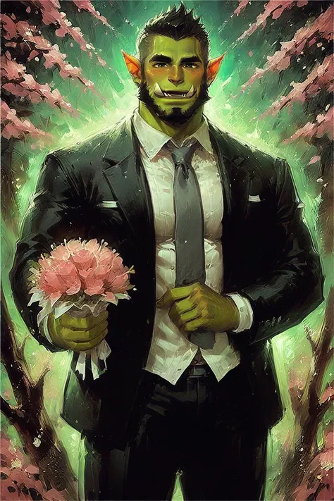 arafed man in a suit holding a bouquet of flowers