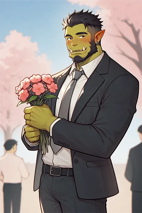 a cartoon of a man in a suit holding a bunch of flowers