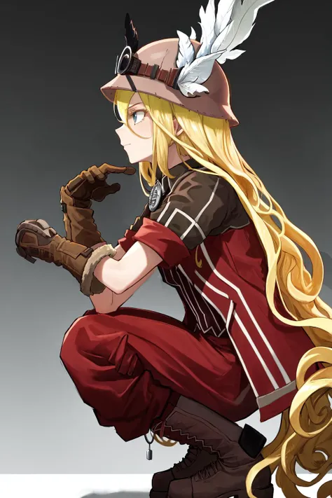 masterpiece, best quality, highres, 1girl very long hair blonde hair curly hair, red jacket helmet whistle short sleeves brown gloves red pants hat feather boots <lora:lyza:1> squatting, from side, head rest