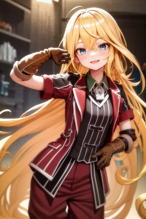 masterpiece, best quality, highres, 1girl very long hair blonde hair curly hair, red jacket whistle short sleeves brown gloves red pants <lora:lyza:1> smile