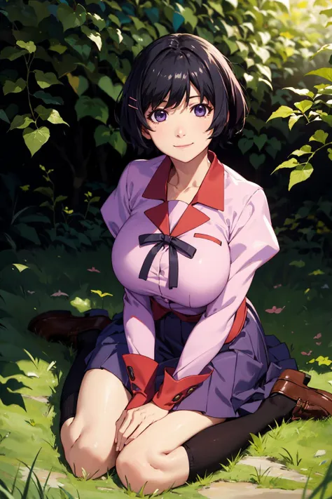 breast focus, smile, 
1girl, solo, hanekawa01, short hair, huge breasts, purple eyes, black hair, skirt, pink shirt, hair ornament,school uniform,  hairclip, long sleeves, puffy sleeves, juliet sleeves, naoetsu high school uniform,
brown loafers, black soc...