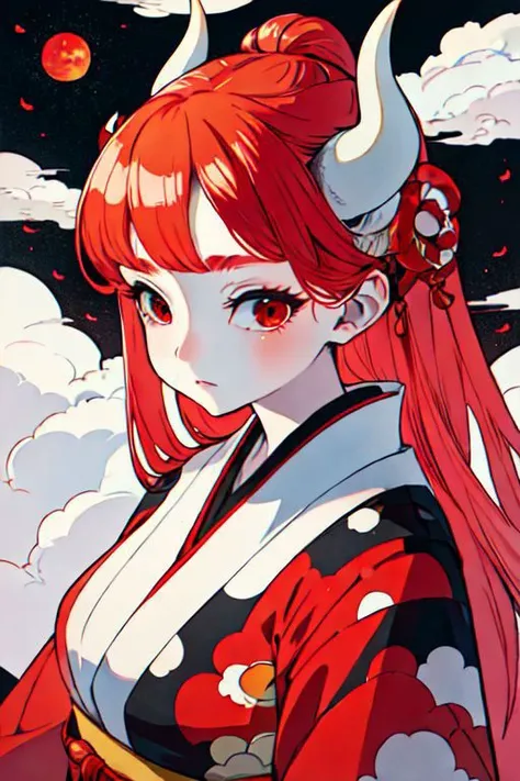 (masterpiece, best quality) 1girl, upper_body, lora: 0: "black,white and red kimono, Japanese clouds" 10: "oni girl, detailed face,a pair of horns, red_hair, forest, red full moon"