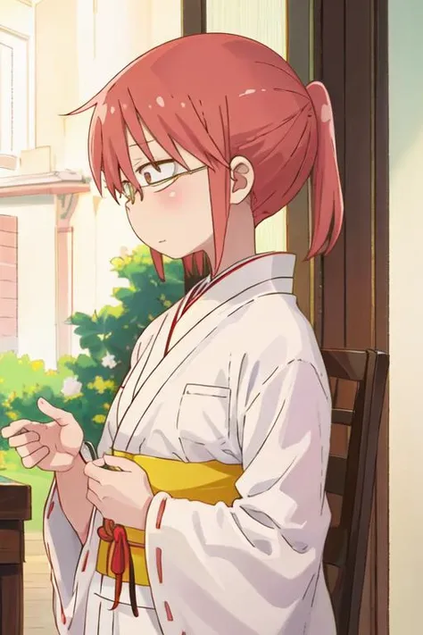 best quality, masterpiece, highres, solo, {white kimono:1.35}, {red hakama:1.35}, {wide sleeves:1.20}, {kobayashi_kobayashisanchinomaidragon:1.15}, glasses, red_hair, blush, ponytail, bangs, closed_mouth, brown_eyes