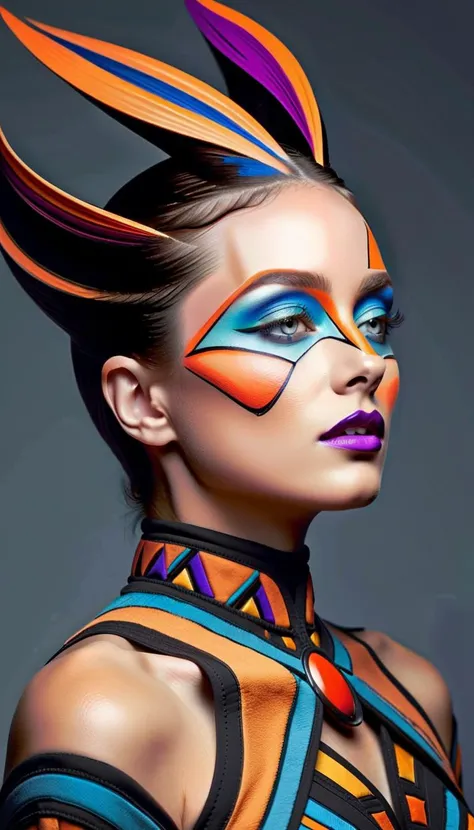 best quality, high quality, masterpiece, (Professional fashion photography of a person with innovative makeup), [by Cliff Fong:Matthew Williams:0.6], revolutionary makeup, avant-garde cosmetics, bold color palette, artistic face painting, futuristic beauty...