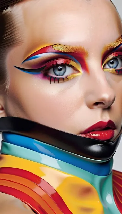 best quality, high quality, masterpiece, Professional fashion photography of a person with innovative makeup, [by Eva Rorandelli:Alessandro Michele:0.6], revolutionary makeup, avant-garde cosmetics, bold color palette, artistic face painting, futuristic be...