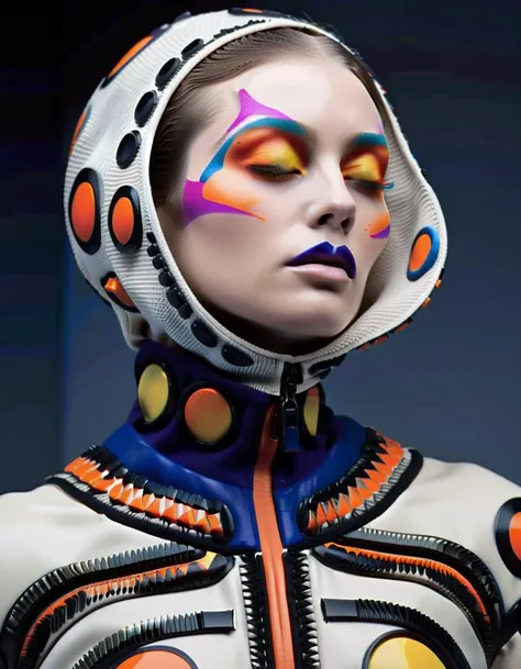 best quality, high quality, masterpiece, (Professional fashion photography of a person with innovative makeup), [by Isamaya Ffrench:Telfar Clemens:0.6], revolutionary makeup, avant-garde cosmetics, bold color palette, artistic face painting, futuristic bea...