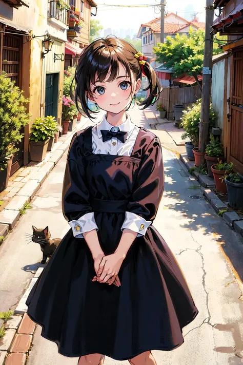 best quality, high resolution, distinct image, (many (detailed) little cats) and one lady:1.3), focus on cat, little (detailed) cats around girl,background is back alley, detasiled sunlight, sitting, girl looking viewer, front view, (cats looking viewer:1....