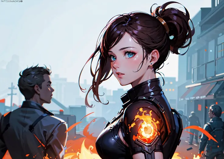 (masterpiece, best quality:1.2),
young woman,
direct lighting,
adventure,
dark brown,
amber,
folded ponytail,
fire,
haik,
from side,
arms behind back, parametric, glitchcore, hellscape, intricate, highly detailed, digital painting, artstation, concept art,...