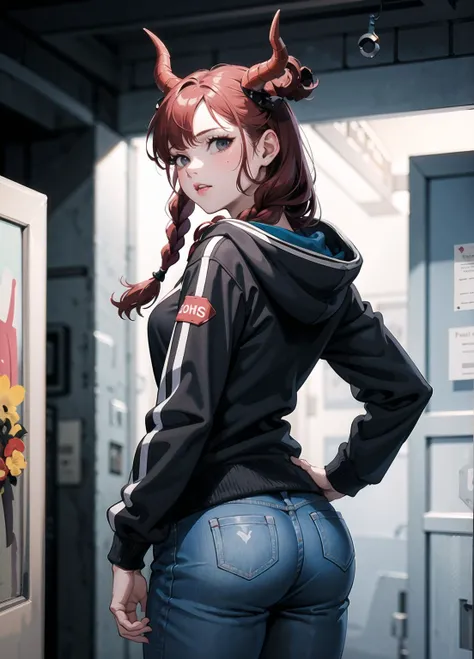 (masterpiece, best quality:1.2),1girl,
young woman,
manhattan distance,
thriller,
green,
coral,
low twin braids,
winter,
hoodie,
from behind,
hands up, character concept art, costume design, black eyes, white horns, trending on artstation, Artgerm, WLOP