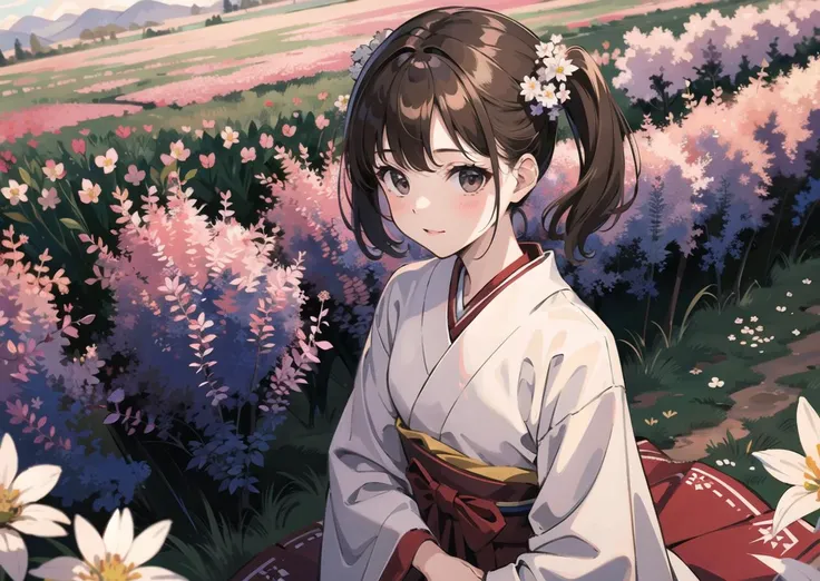 (masterpiece, best quality:1.2),
young girl,
procedural generation,
war,
light brown,
dark brown,
one side up,
field of flowers,
furisode,
from above,
standing,