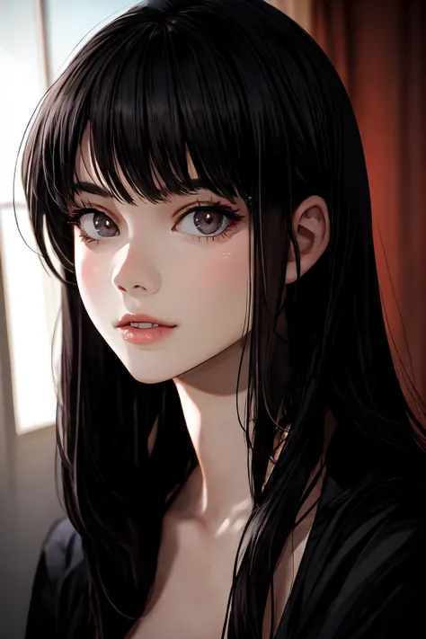 a close up of a woman with long black hair and bangs