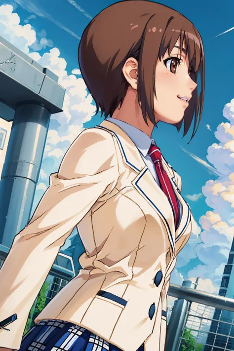 masterpiece, best quality,  <lora:SeiTenshiDjibril_V2-E10_(MakaiTenshiDjibril):0.8> makaidjisc2, brown hair, brown eyes, school uniform, blazer, long sleeves, necktie, plaid skirt, dutch angle, clouds, sky, profile, smile, looking up, upper body