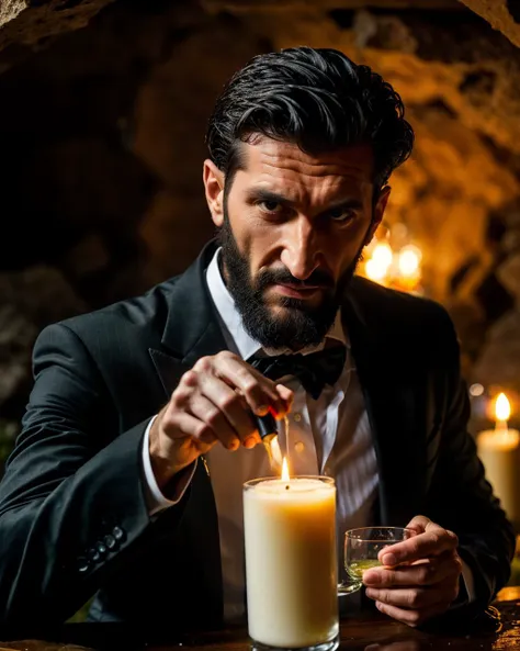 arafed man in tuxedo lighting a candle in a glass