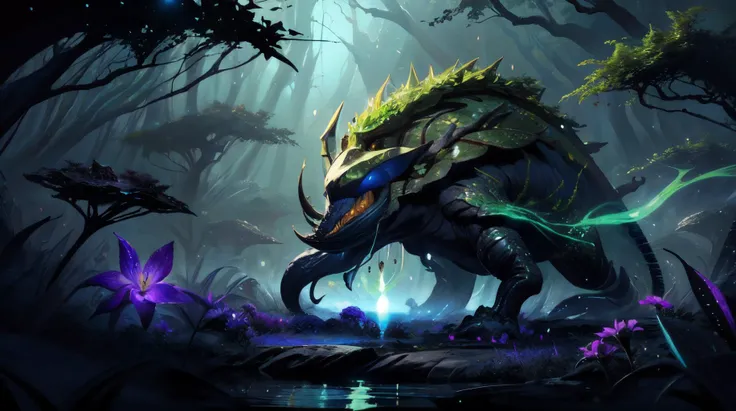 a large dragon with a long neck and large horns in a forest