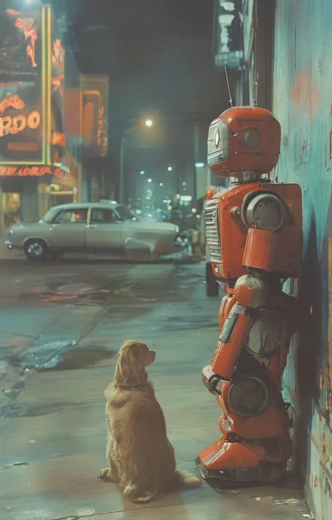 there is a dog sitting next to a robot on the sidewalk