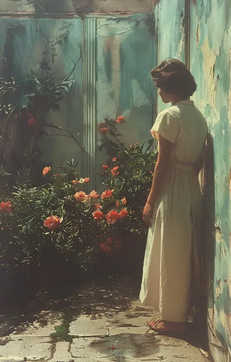 painting of a woman standing in a courtyard with flowers