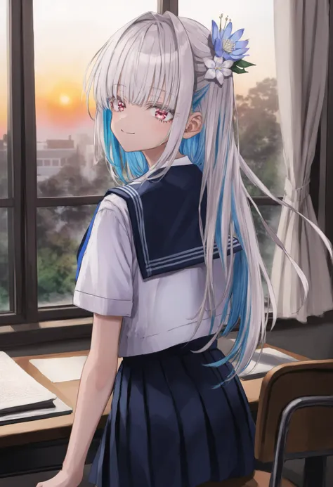 anime girl with long white hair and blue dress sitting at a desk