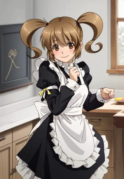 <lora:LordMarksmanandVanadis-000009:0.8>, Titta, solo, smile, long sleeves, dress, sidelocks, frills, puffy sleeves, apron, maid, juliet sleeves, waist apron, maid apron