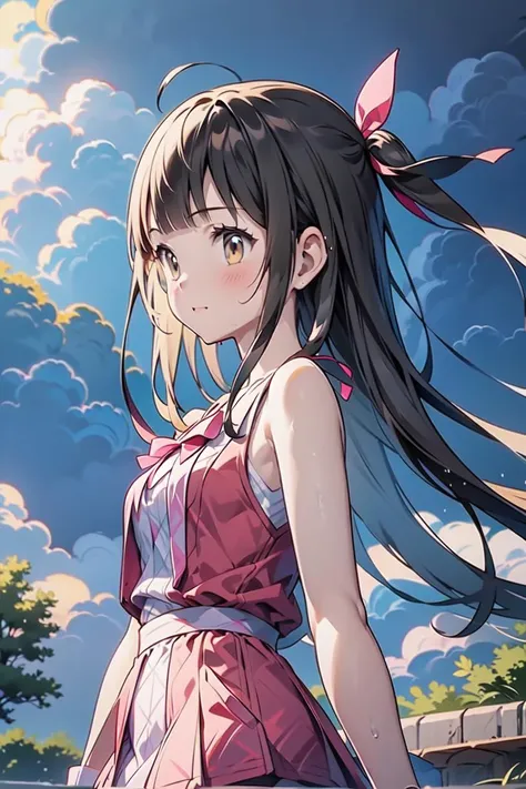 anime girl with long hair standing in front of a cloudy sky