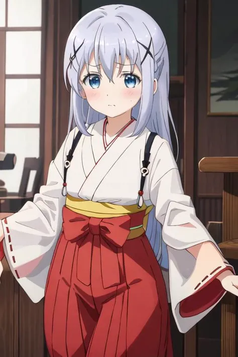 best quality, masterpiece, highres, solo, {white kimono:1.35}, {red hakama:1.35}, {wide sleeves:1.20}, {kafuu_chino_istheorderarabbit:1.15}, blue_hair, long_hair, blue_eyes, x_hair_ornament, hair_ornament, blush, bangs, closed_mouth, hair_between_eyes