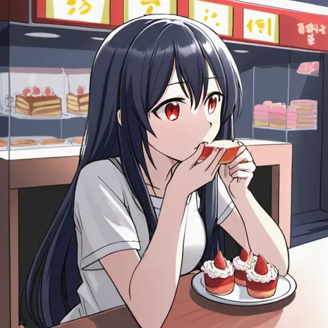 anime girl eating a piece of cake at a table in a restaurant