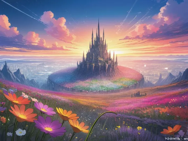 a painting of a castle in the middle of a field of flowers