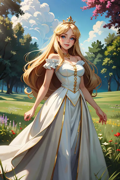 ((ultra detailed, masterpiece, best quality))
 <lora:DisneyAurora:0.9>
DisneyAurora, 1girl, bird, blonde hair, long hair, blue eyes, smile, princess, roaming through a mystical, overgrown garden filled with oversized, glowing mushrooms