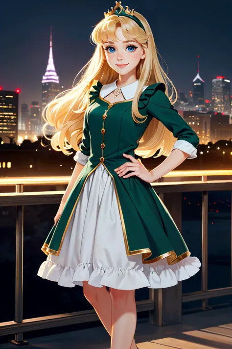 ((ultra detailed, masterpiece, best quality))
 <lora:DisneyAurora:0.9>
DisneyAurora, 1girl, bird, blonde hair, long hair, blue eyes, smile, princess, standing in front of a picturesque landscape, full body, with arms folded