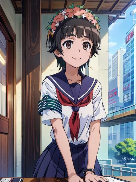 anime girl in uniform standing in front of a window with a city view