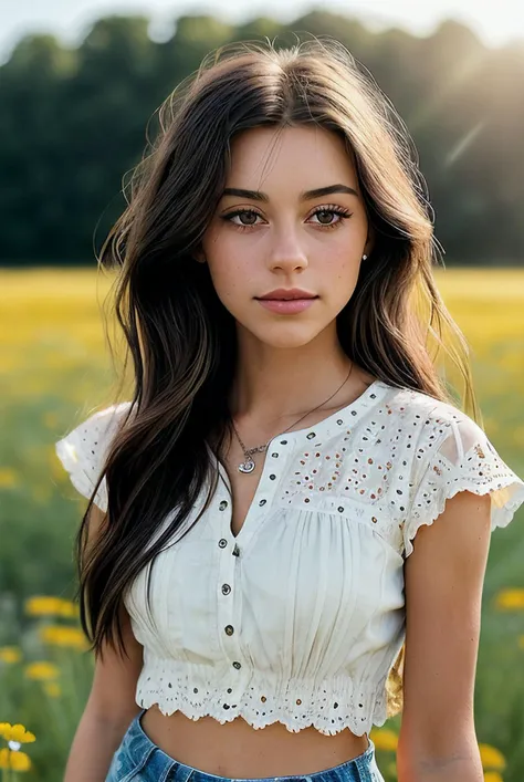 beautiful woman ( EPR4ch3Br0ckm4n:.99), perfect hair, jewellery, ((portrait)), (closeup:1.3), ((from the waist up)), (((  A sunlit alpine meadow wildflowers swaying in the wind :1.2 ))), natural skin texture,  (( Eyelet shorts and a blouse :1.2)), 24mm, 4k...