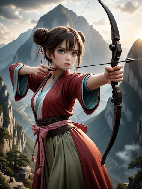 a stunning film photograph, close shot of a (girl/Double bun) wearing (hanfu), pointing with a (perfect bow), (Aiming a Bow:1.2), (Standing on the mountaintop), 
dramatic cinematic film lighting, (prefect hand/4fingers),
perfect black eyes, perfect eyes,
v...