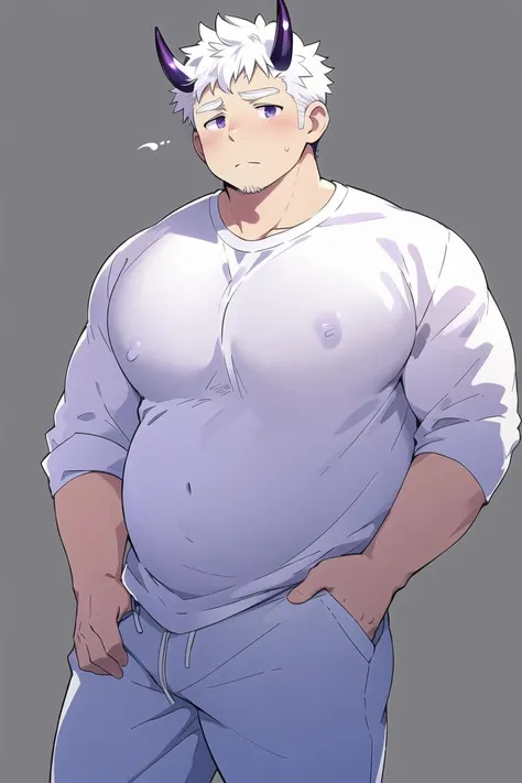 1man,masterpiece best quality, chubby, belly, round face, from front, white hair, nipples, casual clothes, simple white backgrou...