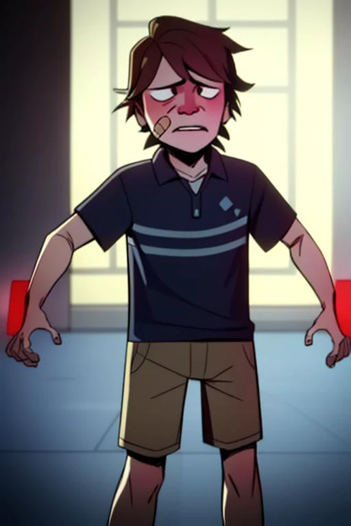 a cartoon boy with a black shirt and brown shorts standing in a room